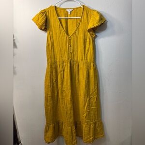 Time and Tru Mustard Yellow Double Cloth Cotton Midi Dress with Flutter Sleeves